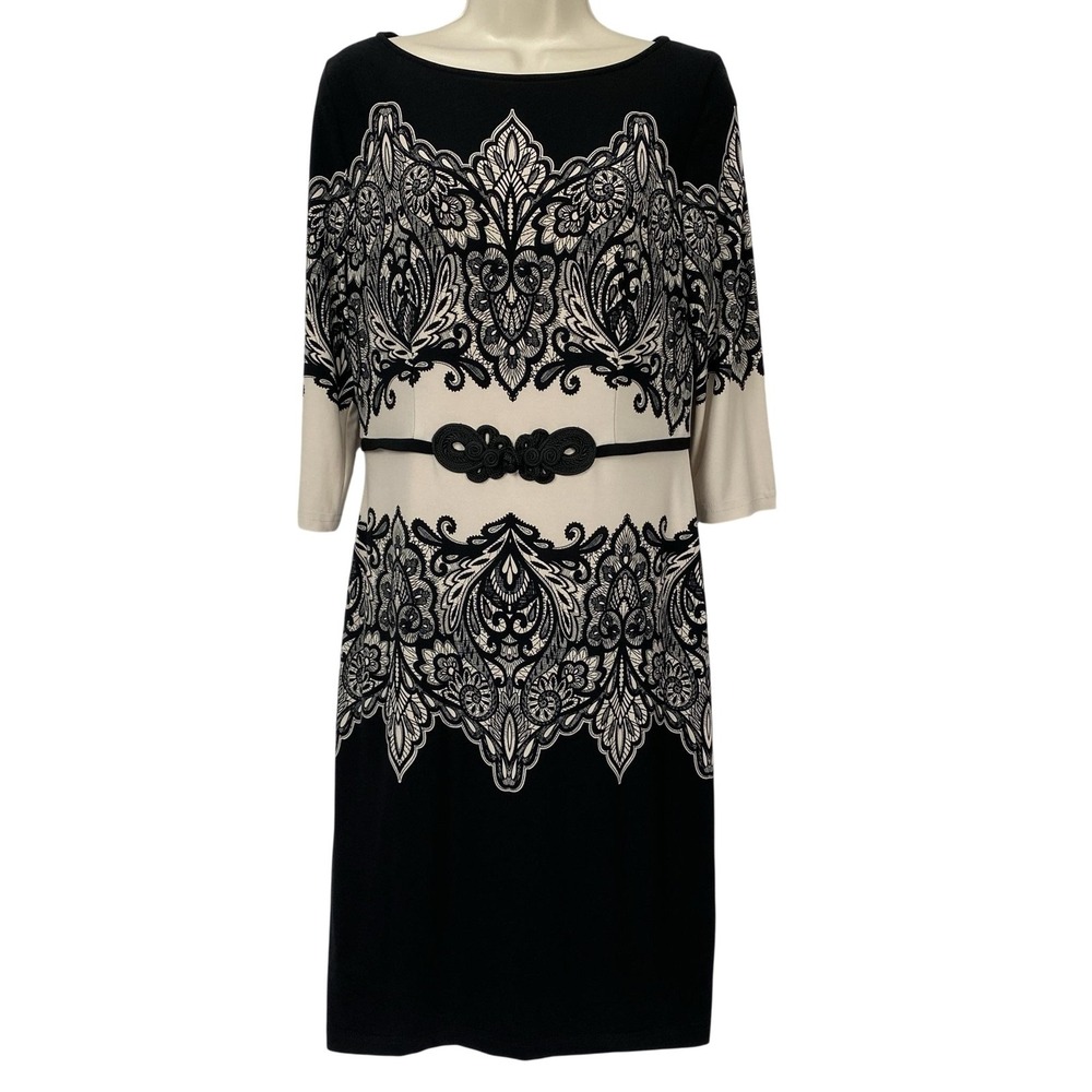 Joseph Ribkoff Sheath Dress Womens 10 Black Illusion Lace Belted Cocktail Luxury